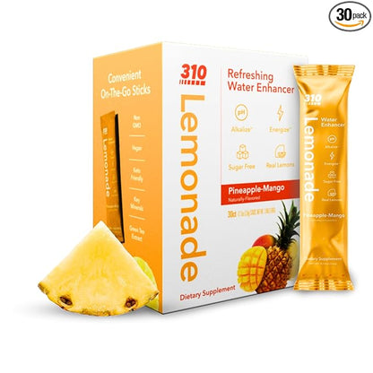 310 Nutrition Sugar-Free Lemonade Water Flavoring Packets - Peach Mango Hydration Powder with Alkalizing Minerals - Low-Calorie Water Enhancer for Energy & Refreshment - 30 Singles - Made in The USA