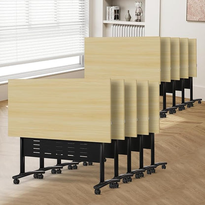 Conference Room Table, 55 Inch Folding Conference Tables with Wheels, Modern Office Meeting Table, Easy Flip & Nest Design, Rectangular Seminar Tables with Metal Frame for 2-24 People(F 10PCS)