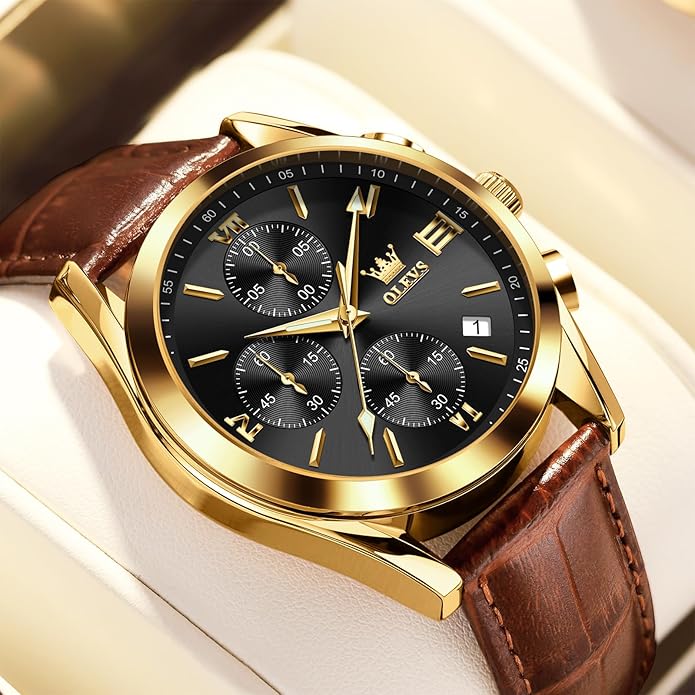 OLEVS Men's Chronograph Leather Watch, Big Face Easy to Read Analog Quartz Dress Watch, Casual Waterproof Luminous Hands Date Watches for Men, White/Blue/Black/Gold Dial