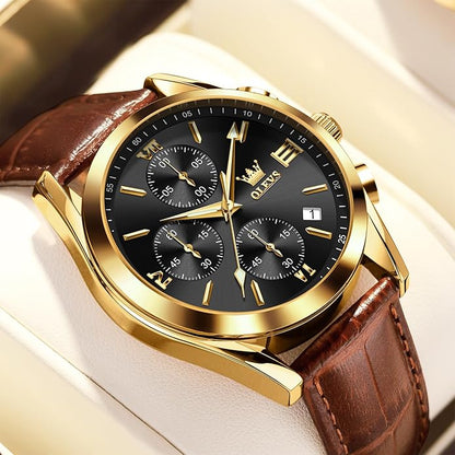 OLEVS Men's Chronograph Leather Watch, Big Face Easy to Read Analog Quartz Dress Watch, Casual Waterproof Luminous Hands Date Watches for Men, White/Blue/Black/Gold Dial