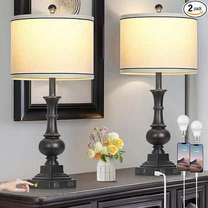 Farmhouse Lamps Set of 2, Vintage Rustic Black Table Lamps with USB A+C Fast Ports & AC Outlets, Traditional Nightstand Bedside Lamp for Living Room Bedrooms Home Office(2 LED Bulbs Included)