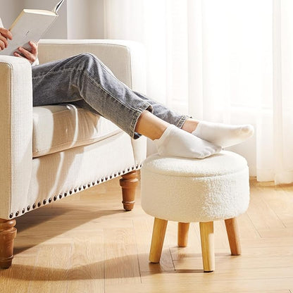 IBUYKE 13 Inch Foot Stool Ottoman with Storage, Round Small Foot Rest with Padded Seat and Wood Legs, Teddy Velvet Mini Footstool for Living Room Couch Bedroom Entryway, Cream WBD006W