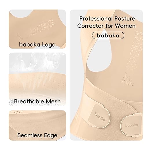 babaka Posture Corrector for Women, Invisible Lightweight Adjustable Back Brace for Upper and Lower Back Pain Relief, Hunchback, Hump, Scoliosis, Thoracic, Spine Corrector Under Clothes (Beige, Medium, Waist: 29''-35'')