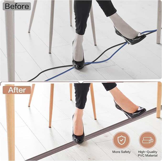 Floor Cord Cover Self Adhesive Cord Hider Floor Extension Cord Covers for Floor Power Cord Protector Cable Management Prevent Cable Trips Cable Cavity 0.47" W x 0.27" H (Brown Walnut Wood, 3.3Ft)