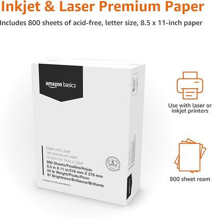 Amazon Basics Multipurpose Copy Printer Paper, 8.5 x 11 Inches , 24 lb, 1 Mega Ream, (800 Sheets), 97 Bright, White