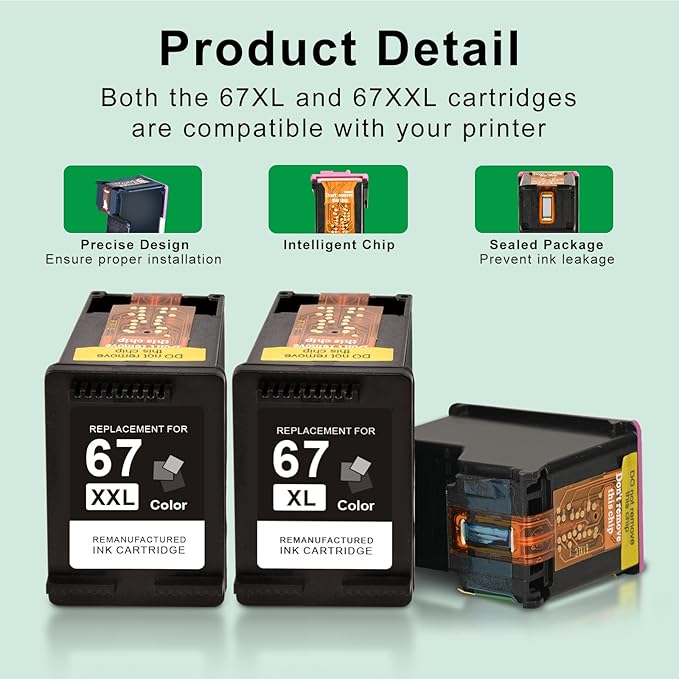 SAILNER 67XL Black High-Yield Ink Cartridge Replacement for HP Ink 67 67XL HP Printer Ink use with for DeskJet 2855e Ink Cartridges Deskjet 4155e 2755e 4155 2700 2700e Envy 6055 Printer 67(2 Pack)