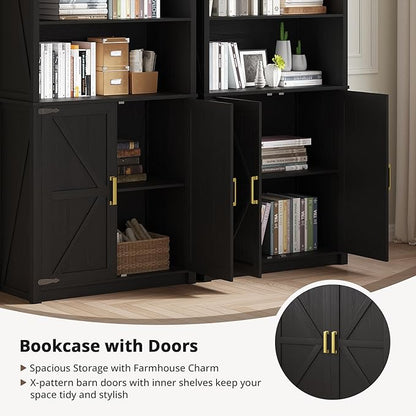 HWB Bookshelf and Bookcase with Doors, Farmhouse 5 Tier Book Shelves with Storage Cabinet, Floor Standing Bookcases with 3-Color Lights for Home Office, Living Room, Bedroom, Black