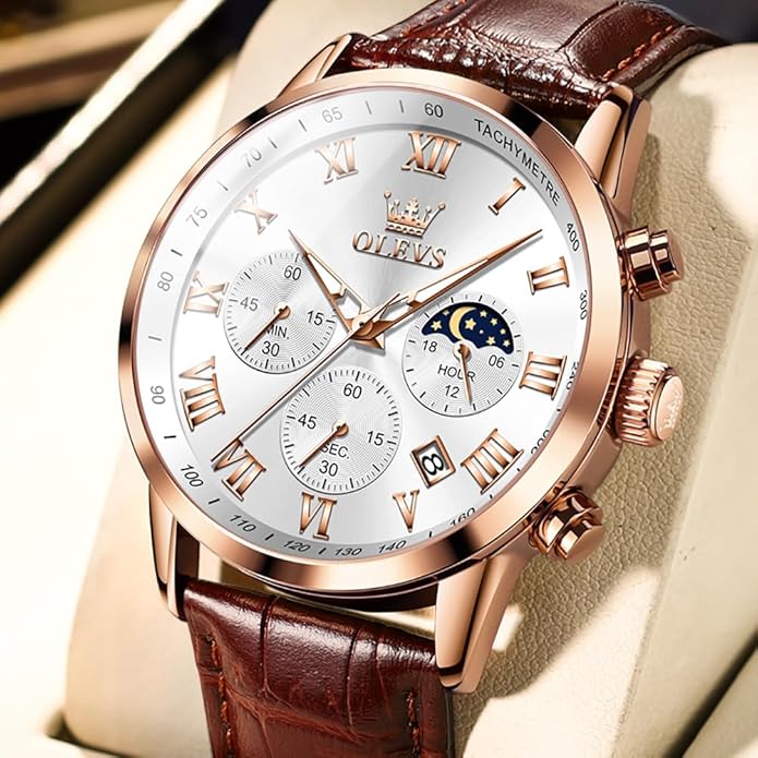 OLEVS Men's Leather Analog Quartz Watch - Luxury Chronograph Wristwatch With Date, Waterproof, Luminous - Dress Style