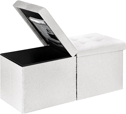 Folding Ottoman Bench with Storage - 34Inches Teddy Velvet Foot Stool Ottoman Bench, Padded Seat, Storage Chest,Blanket Store, for Entryway Livingroom and Bedroom,White (34" D x 13" W x 13" H)
