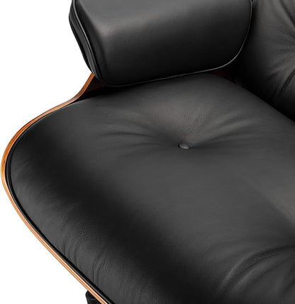 Top Black Grain Leather, Mid Century Chaise Lounge Chair and Ottoman, Modern Chair Classic Design, Palisander Wood, Heavy Duty Base Support for Living Room Office