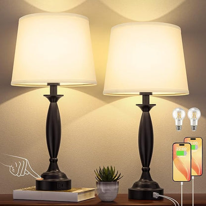 White Lamps for Bedrooms Set of 2 - Touch Control Bedside Lamp with USB C+A, 3 Way Dimmable Nightstand Lamps with USB Port, Table Lamp for Living Room(White Shade and Black Base)
