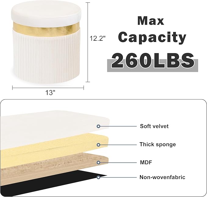 xuperbonusSmall Ottoman with Storage,Folding Round Ottoman with Gold Trim,Velvet Storage Stool,Foot Stool with Soft Padded,Foot Rest for Living Room13“x13”x12.4(YZbeige,1pcs)
