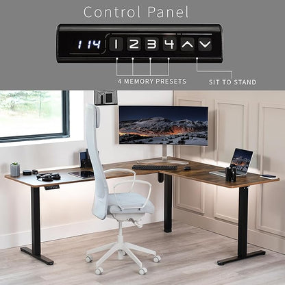 VIVO Electric Corner 75 x 63 inch L-Shaped Standing Desk, Memory Height Adjustment, Rustic Vintage Brown Top Black Frame, DESK-E3CTN-75