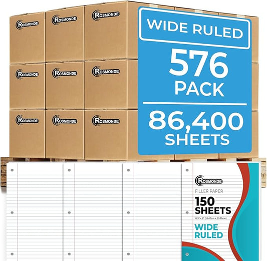 Rosmonde 576 Pack (Pallet) Loose Leaf Paper Bulk, 86400 Sheets, Wide Ruled, Pallet of Filler Paper, 150 Sheets/Pack, 8 x 10.5", 3 Hole Punched, 56 Gsm Thick Sheets, School & Office, 4-7 Days Transit