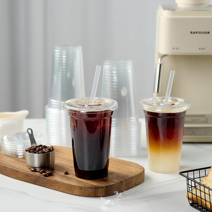 Turbo Bee 200 Sets 12 OZ Clear Plastic Cups with Lids and Straws, Disposable To Go Iced coffee cups with lids for Cold Drinks, Smoothie, and Slushie