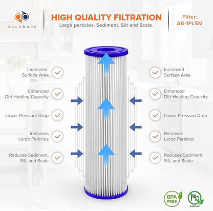 Aquaboon 5 Micron 10x2.5 Whole House Pleated Sediment Filter Cartridge for Well Water Filter Replacement Compatible with WFPFC3002, WHKF-WHPL, 50-Pack