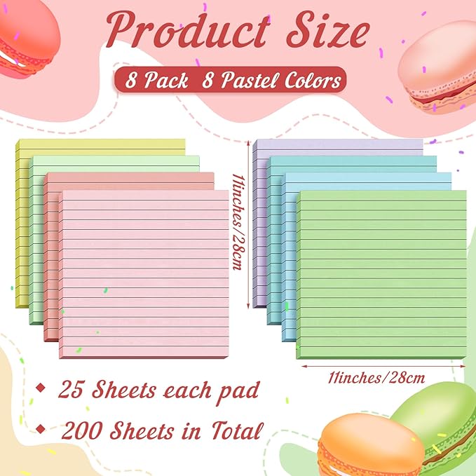 8 Pads Big Sticky Notes 11 x 11 Inch Lined Jumbo Large Sticky Notes for Wall,Giant Strong Power Memo Square Post for Office, 25 Sheets/Pad(Pastel Color)