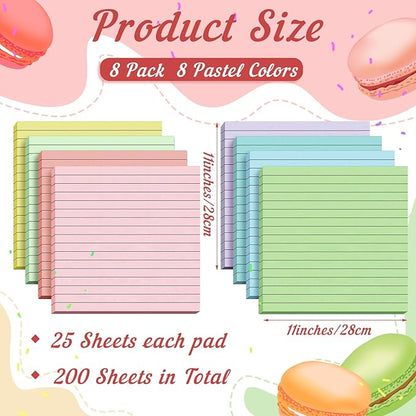 8 Pads Big Sticky Notes 11 x 11 Inch Lined Jumbo Large Sticky Notes for Wall,Giant Strong Power Memo Square Post for Office, 25 Sheets/Pad(Pastel Color)