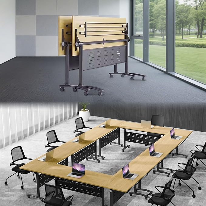 Folding Conference Table,Conference Table with Wheels,Large Flip-Top Training Table,Freely Combinations,Easy to Move for Offices, Schools,Training Rooms（2,A-Yellow,55in