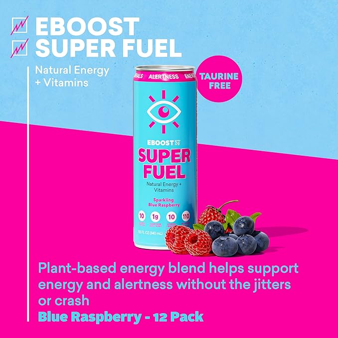 EBOOST Super Fuel Healthy Energy Drink - Caffeine from Natural & Clean Ingredients For Focus and Productivity -Taurine Free Pre-Workout With Electrolytes, Nootropic & Vitamins- Blue Raspberry 12 Pack