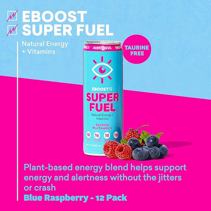 EBOOST Super Fuel Healthy Energy Drink - Caffeine from Natural & Clean Ingredients For Focus and Productivity -Taurine Free Pre-Workout With Electrolytes, Nootropic & Vitamins- Blue Raspberry 12 Pack