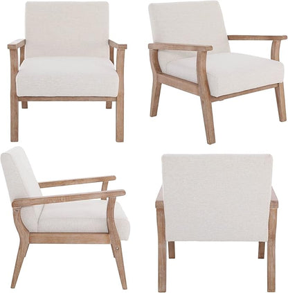 Wahson Comfy Living Room Chairs Set of 2, Linen Upholstered Accent Chairs, Farmhouse Armchairs with Natural Wood Frame, Oversized Decorative Chair for Bedroom, Beige