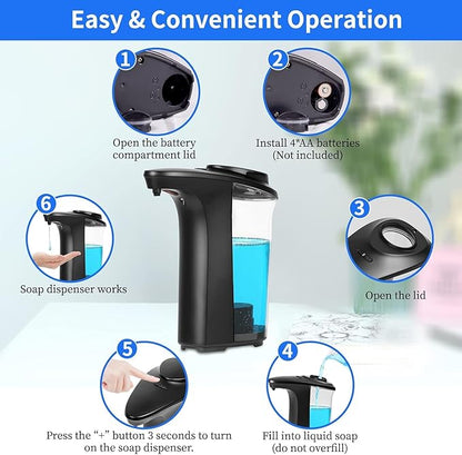FKWin Automatic Soap Dispenser, Touchless Hand Soap Dispensers 17oz/500ml with 5 Adjustable Soap Levels, Kitchen Soap Dispensers, Liquid Hand Soap Dispenser Bathroom, Black