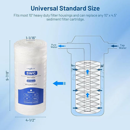 20 Micron 10" x 4.5" Whole House String Wound Sediment Well Water Filter Cartridge Replacement for CW25-BBS, SWC-45-1020, WP25BB97P, RS24, SP-WP25-BB, WH-HD200-C (Pack of 3)