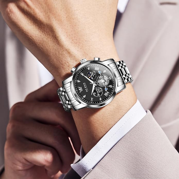 OLEVS Men Watches Stainless Steel Chronograph Watch, Large Wrist Analog Quartz Watch, Fashion Waterproof Diamond Roman Numerals Dress Watches for Men, Gold/Black/White/Blue/Grey Dial