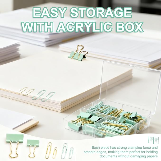 Cute Paper Clips Binder Clips Set, 165 Pcs Assorted Size Paperclips Binder Clips Large & Small Size, Cute Office Supplies Set for School Supplies and Desk Essentials, Green