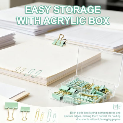 Cute Paper Clips Binder Clips Set, 165 Pcs Assorted Size Paperclips Binder Clips Large & Small Size, Cute Office Supplies Set for School Supplies and Desk Essentials, Green