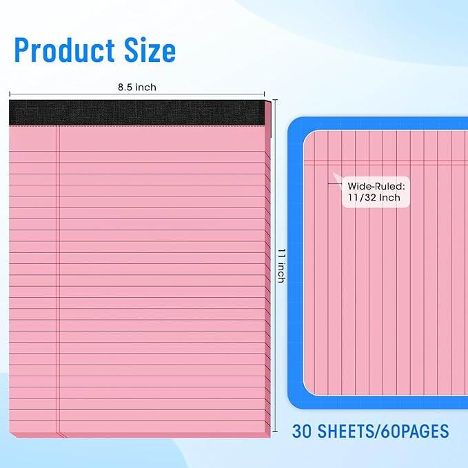 5pcs Legal Pads 8.5 x 11, Notepads 8.5 x 11 Inch,30 Sheets/Pack, Color Note Pads Clear Print Writing Pads of Paper, Memo Pads , Perforate Legal Notepads Paper , Wide Ruled Lined with Sturdy Back