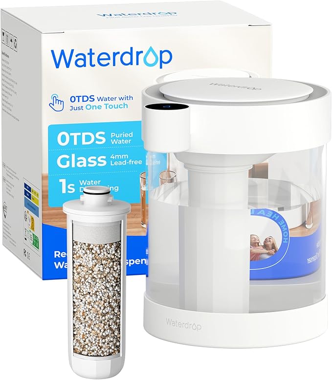 Waterdrop Zero TDS Glass Electric Countertop Water Filter Dispenser, Large 22-Cup, 4-Stage Instant Water Filtration System Rechargeable, Reduce Chlorine, Lead, Copper, with 1 Filter