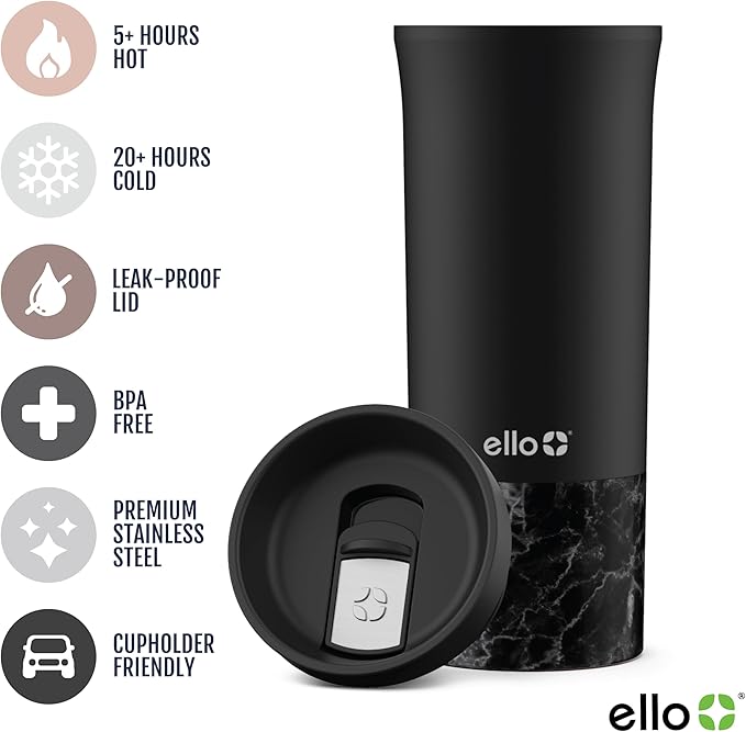 Ello Miri 16oz Vacuum Insulated Stainless Steel Travel Mug, Leak-Proof Slider Lid, Keeps Hot for 5 Hours, Perfect for Coffee or Tea, BPA-Free, Fits Most Cupholders, Holiday Gift, Black