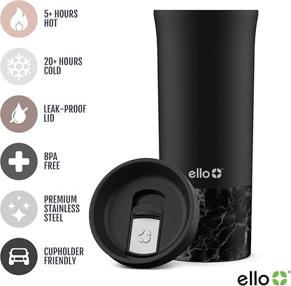 Ello Miri 16oz Vacuum Insulated Stainless Steel Travel Mug, Leak-Proof Slider Lid, Keeps Hot for 5 Hours, Perfect for Coffee or Tea, BPA-Free, Fits Most Cupholders, Holiday Gift, Black