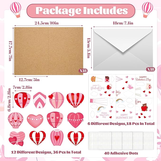 SYUCVQI 18 Pack Valentine's Day DIY Card Making Kit 3D Heart Hot Air Balloon Greeting Cards with Envelope Sticker Valentines Craft School Classroom Valentine Party Gift