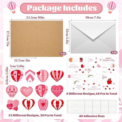 SYUCVQI 18 Pack Valentine's Day DIY Card Making Kit 3D Heart Hot Air Balloon Greeting Cards with Envelope Sticker Valentines Craft School Classroom Valentine Party Gift