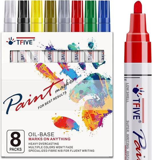 TFIVE Paint Markers Pens Set, 8 Color Oil-Based Permanent Paint Marker, Medium Tip, Quick Dry and Waterproof Pen for Rock Painting, Ceramic, Wood, Fabric, Plastic, Canvas, Glass, Mugs
