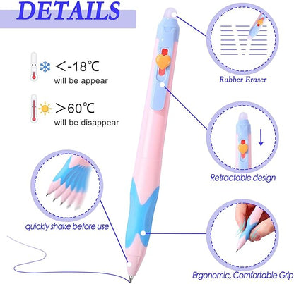 12Pcs Cute Retractable Erasable Gel Pens, Fine Point 0.5mm Blue Ink Pen with Eraser，Comfort Grip for Smooth Writing Note Taking Marking Planner Crossword Puzzles (Blue Ink)