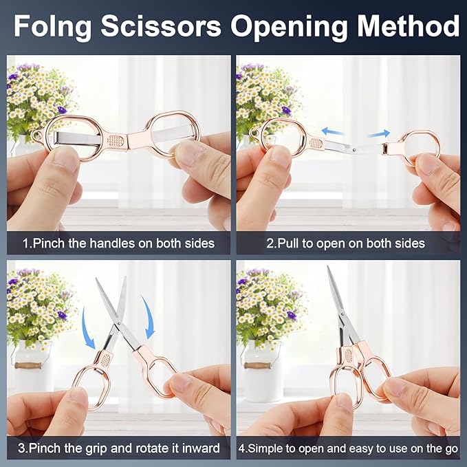 2 Pcs Folding Stainless Steel Portable Mini Small Travel Scissors, Safety Foldable Pocket Badge Nursing Scissors with 2 Keychain for Travel, Home, Office, Craft, Sewing (Rose Gold)