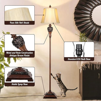 Vintage Floor Lamp for Living Room Traditional Farmhouse Tall Standing Lamp Mid-Century Antique Bedroom Pole Lamp with Bell Shape Faux Silk Shade Elegant Rustic Bright Lighting for Reading Home Decor