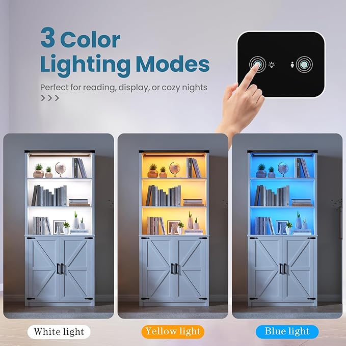 HWB Bookshelf and Bookcase with Doors, Farmhouse 5 Tier Book Shelves with Storage Cabinet, Floor Standing Bookcases with 3-Color Lights for Home Office, Living Room, Bedroom, White