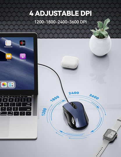 TECKNET USB Wired Mouse, 3600DPI Corded Computer Mouse with 4 Adjustable Levels, 6-Button 5FT Cord Ergonomic Mice, Home and Office Mouse for Laptop PC Desktop Notebook - Blue
