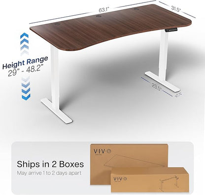 VIVO Electric 63 x 32 in Standing Desk, Memory Height Adjustment, 1B Series, Dark Walnut Top White Frame, DESK-KIT-1W1D