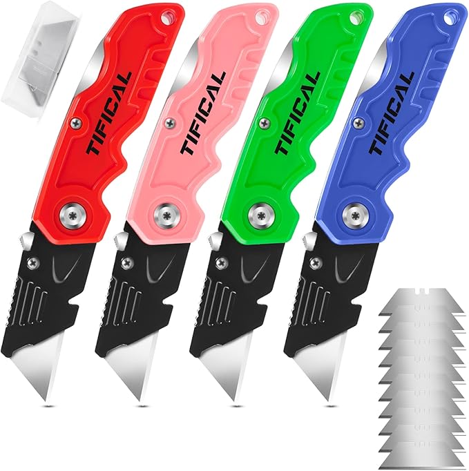 4 Pack Box Cutter Folding Utility Knife, Extra 10 Blades Included, Quick Change Blades, Lock-Back Design, Box Cutters for Carton, Cardboard, Boxes, Razor Knife Box Opener
