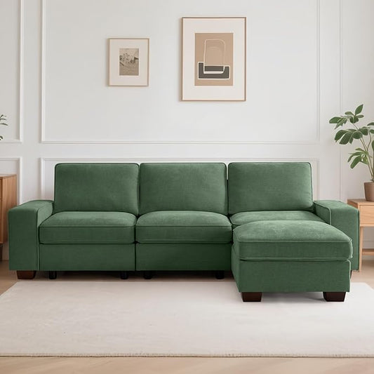 TEKAMON 100" Modular Sectional Sofa with Seats Storage, L Shaped Couch with Movable Ottoman, Chenille Fabric Couch for Living Room, Office, Apart W/Deep Seat, USB Charging,Removable Cover(Green)