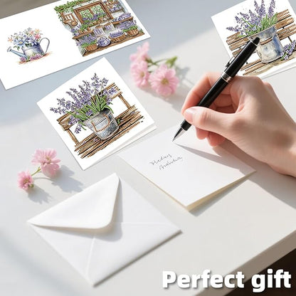 jinglinhh 12pcs Diamond Art Painting Lavender Flower House Bench Greeting Cards with Envelopes, DIY Card Making Kits for Adults, Diamond Art Postcards Christmas Cards Craft Gifts