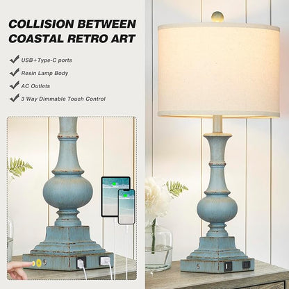 Farmhouse Table Lamps Set of 2, Rustic Touch Control Bedside Lamps with 2 USB Ports & AC Outlet, Vintage Resin 3-Way Dimmable Nightstand Lamp Linen Fabric Shade for Living Room Bedroom Decor Blue