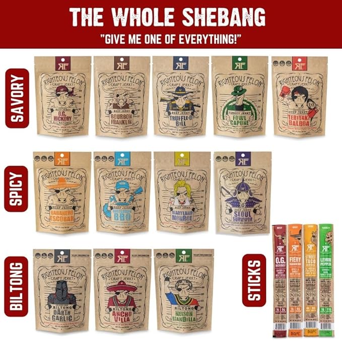 Righteous Felon Beef Jerky & Meat Sticks Variety Pack | Gifts for Men | High Protein, Keto, Low Sugar | Made with Premium Meats | Gluten Free Beef Jerky Snack Packs | Whole Shebang 16 Pack