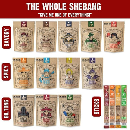 Righteous Felon Beef Jerky & Meat Sticks Variety Pack | Gifts for Men | High Protein, Keto, Low Sugar | Made with Premium Meats | Gluten Free Beef Jerky Snack Packs | Whole Shebang 16 Pack